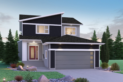 DG 15 B - The Avalon Broadview Homes Winnipeg 2-storey home with angled roof, black vinyl siding and stucco