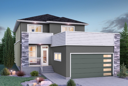 DG 16 H - The Monticello Broadview Homes Winnipeg 2-storey home with stucco, vinyl siding parapet and cultured stone pillars