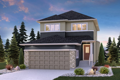 DG 17 A Front Exterior The Harlow Broadview Homes Winnipeg 2-storey home with vinyl siding, cultured stone and stucco