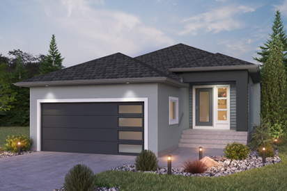 DG 23 B - The Grayson Broadview Homes Winnipeg bungalow with stucco exterior and covered front porch