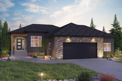 DG 50 B - The Pritchard Broadview Homes Winnipeg bungalow with stucco, cultured stone and covered front porch entrance