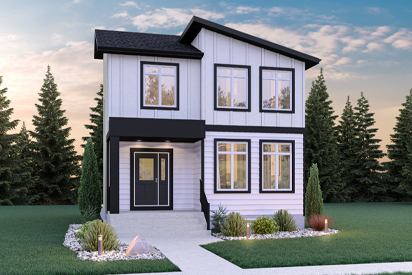 RG 106 D - The Torres Broadview Homes Winnipeg 2-storey home with white vinyl siding and covered front entrance