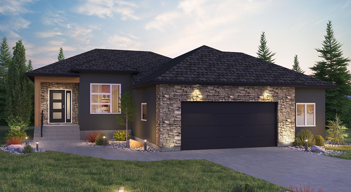 DG 50 B - The Pritchard Broadview Homes Winnipeg bungalow with stucco, cultured stone and covered front porch entrance